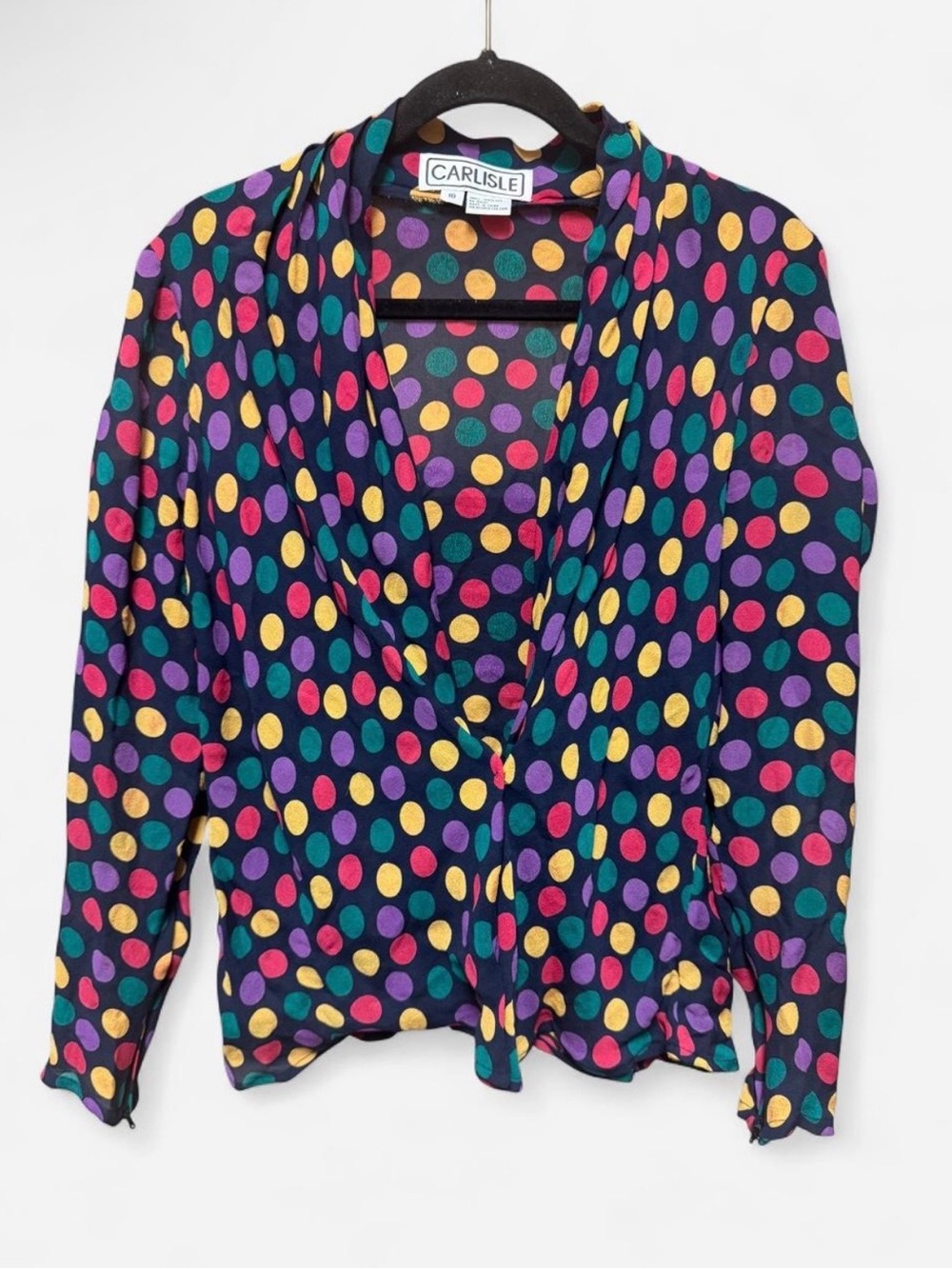 Vintage Carlisle Black Silk Blouse with Multicolored Polka Dots